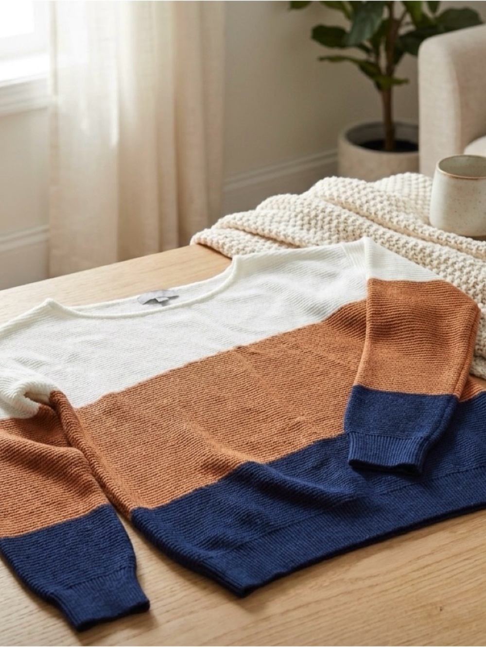 Colorblock Crewneck Sweater in Cream, Rust and Navy